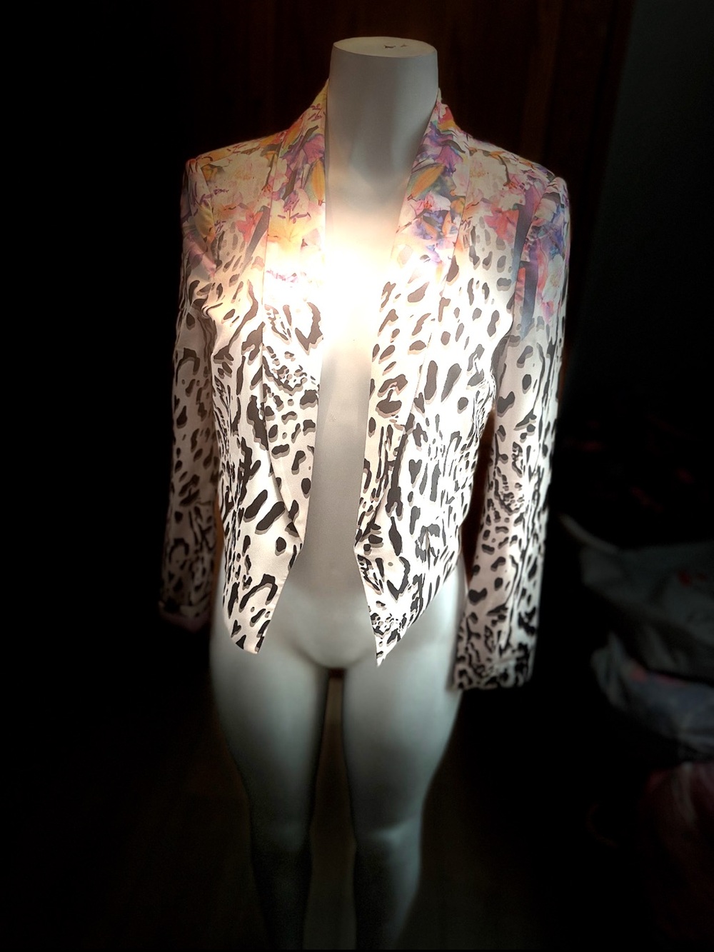 bebe White Blazer with Black Animal Print and Pastel Floral Trim